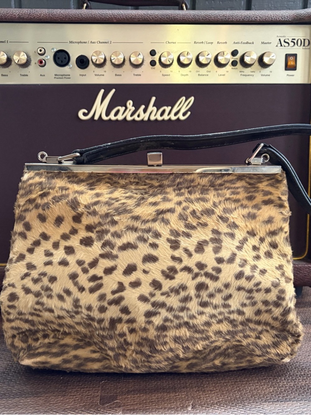Leopard Print Faux Fur Satchel with Black Handle